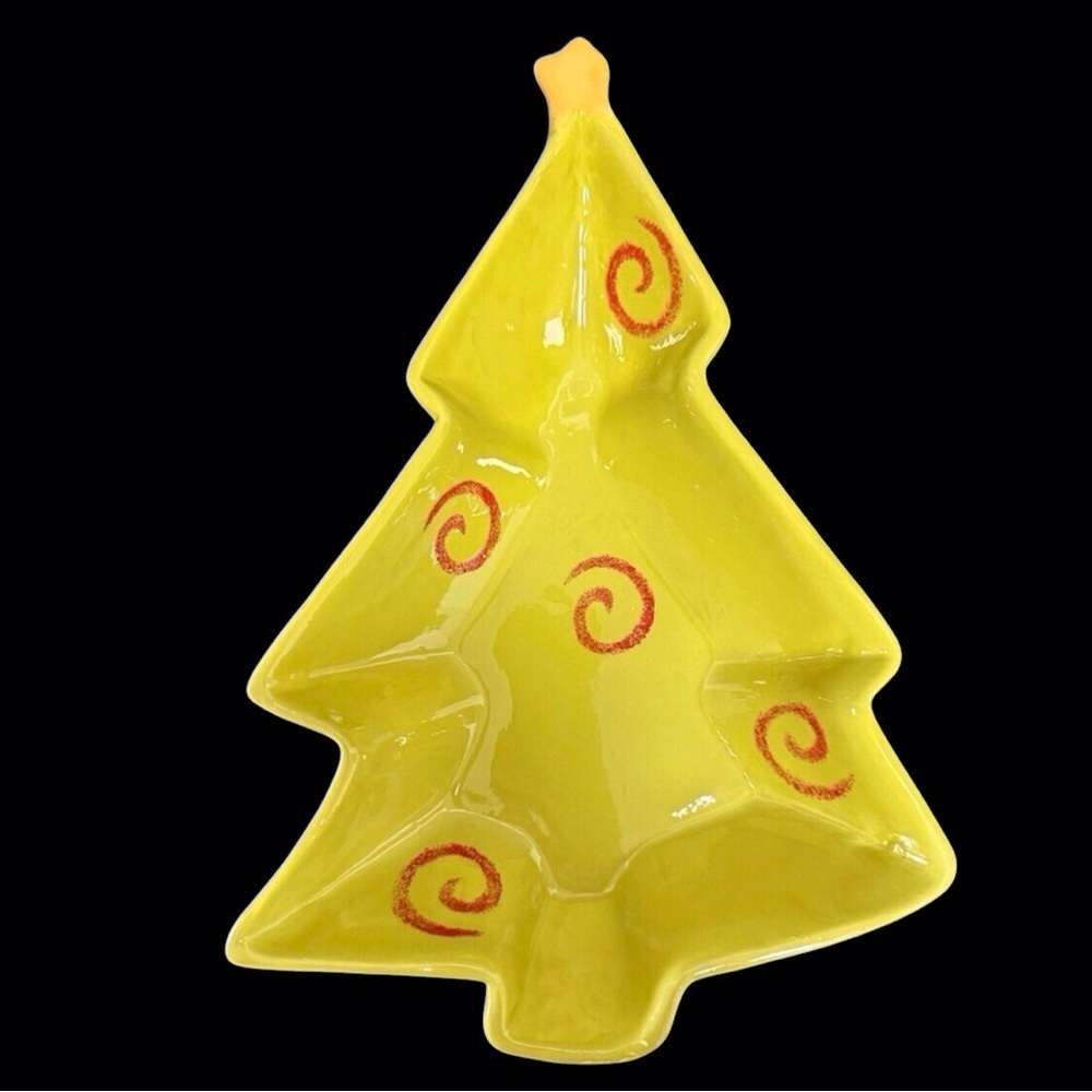 Foreside Festive Christmas Tree Dish Candy/Nuts Yellow-Green/Red Swirls EUC